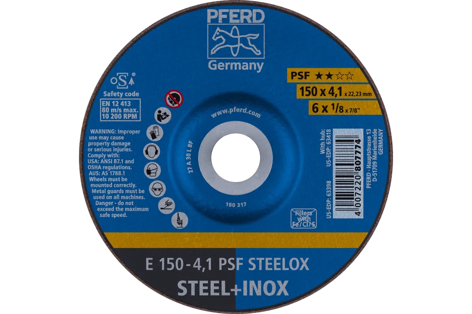 Picture of Pferd Grinding Wheel, 6" X 1/8 X 7/8, Psf Steelox, T27, Aluminum Oxide